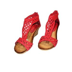 Patrizia Womens Red 8 Zip Sandals Open Toe Weaved T-Strap Wedge Summer Boho Work